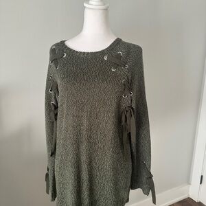 AUDREY SPARKS Green Sweater with Lace-Up Details-Size M